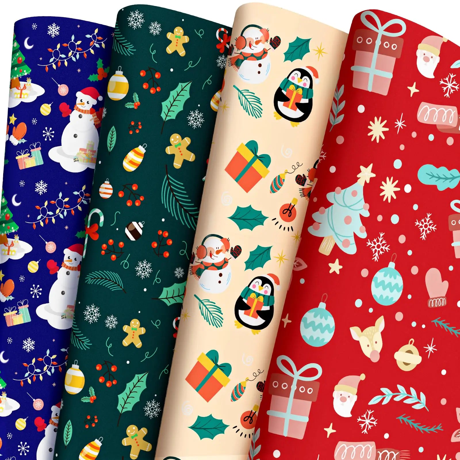 BlessedSeason Christmas Wrapping Paper 4 Different Pattern Designs 6pcs Wrapping Paper SetSnowman Christmas Tree ReindeerPenguin. Neutral Wrapping Paper Set for Christmas Holidays New Year